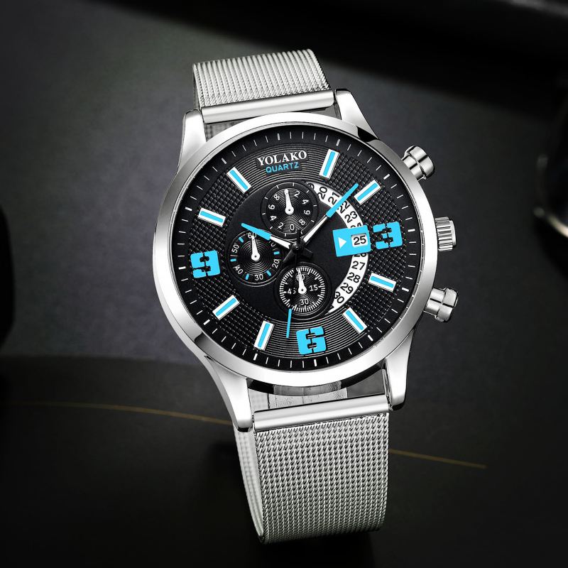 Mode Elegant Mænd Business Watch Dekoreret Pointer Calendar Quartz Watch