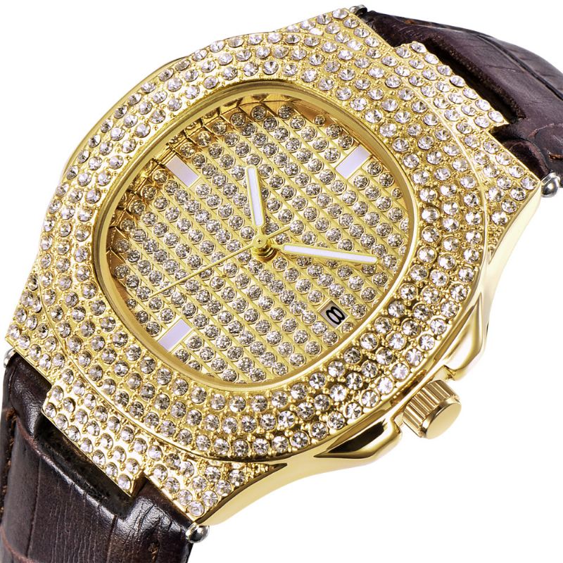 Mode Elegant Pu Læder Mænd Vintage Diamond Watch Bælte Kvarts Ur