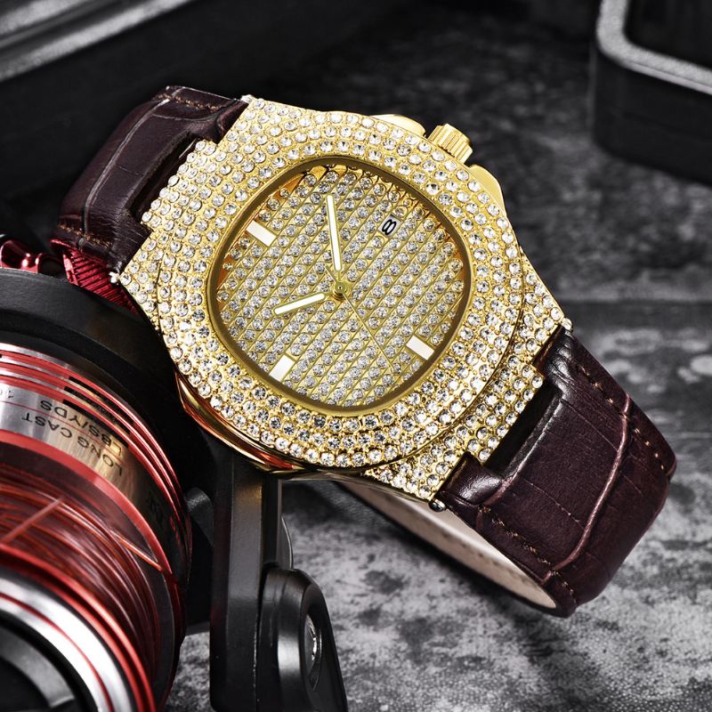 Mode Elegant Pu Læder Mænd Vintage Diamond Watch Bælte Kvarts Ur