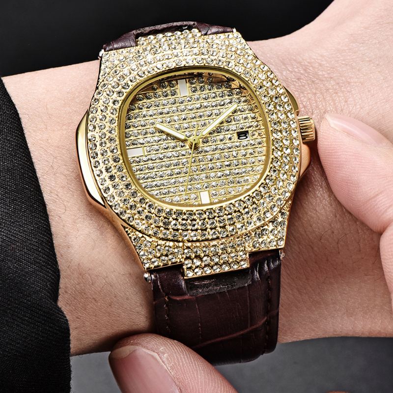 Mode Elegant Pu Læder Mænd Vintage Diamond Watch Bælte Kvarts Ur