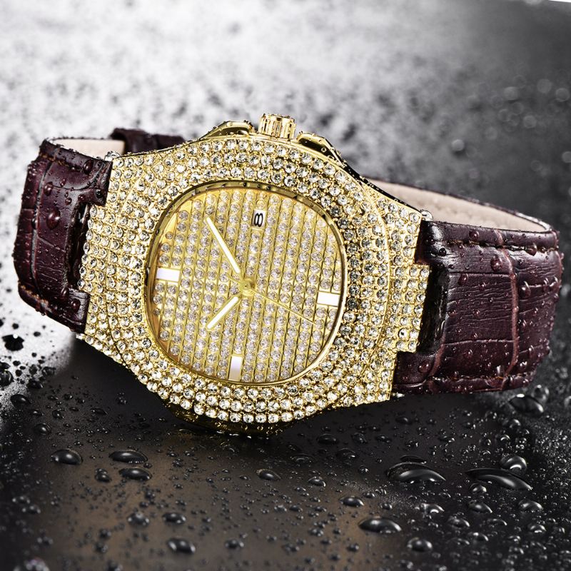 Mode Elegant Pu Læder Mænd Vintage Diamond Watch Bælte Kvarts Ur