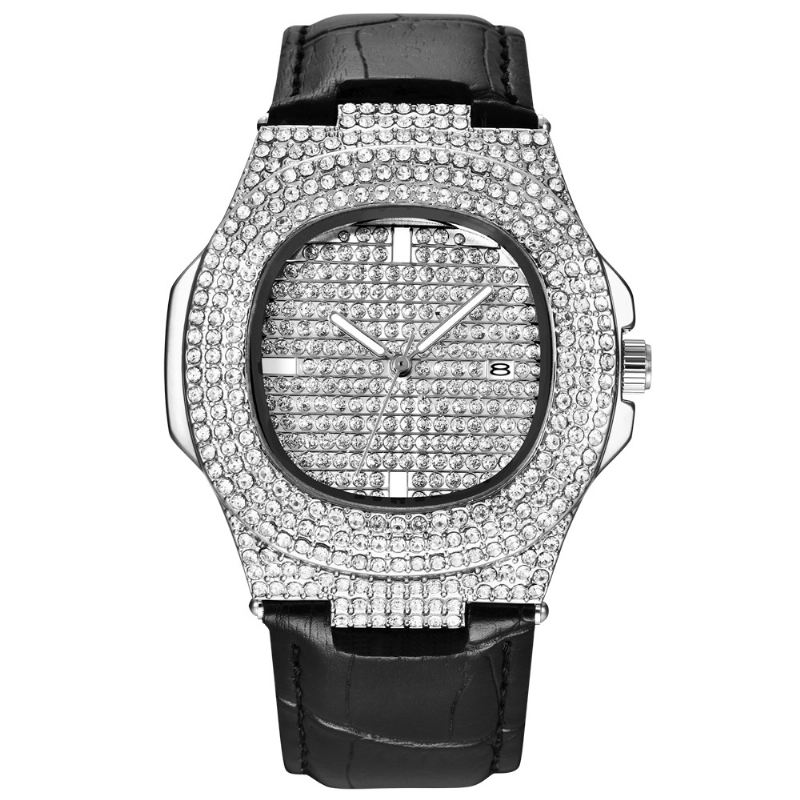 Mode Elegant Pu Læder Mænd Vintage Diamond Watch Bælte Kvarts Ur