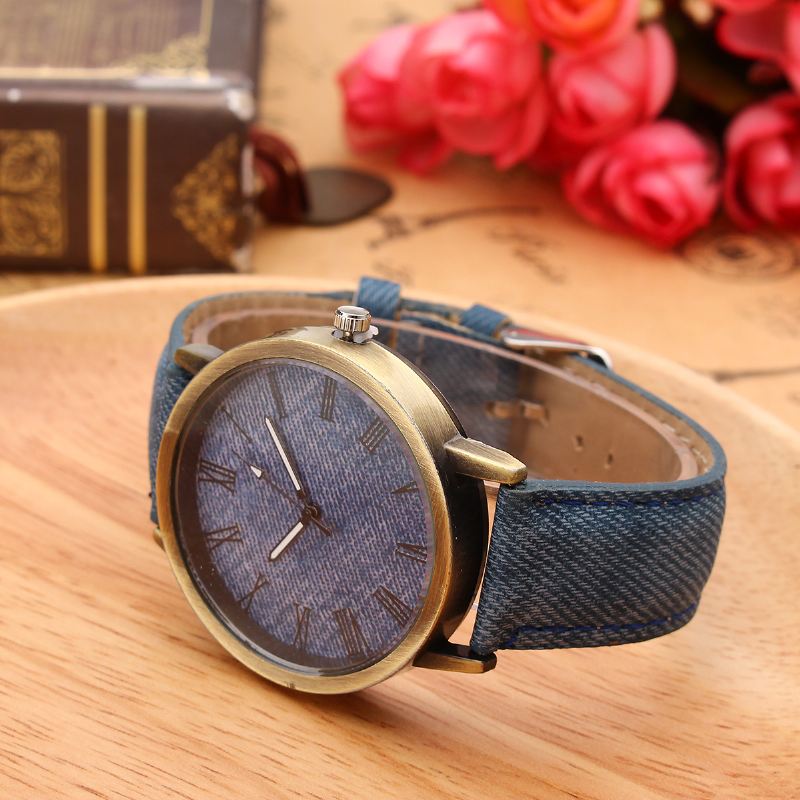 Mode Farverig Rem Denim Pu-rem Casual Dial Mænd Kvinder Watch Quartz Watch