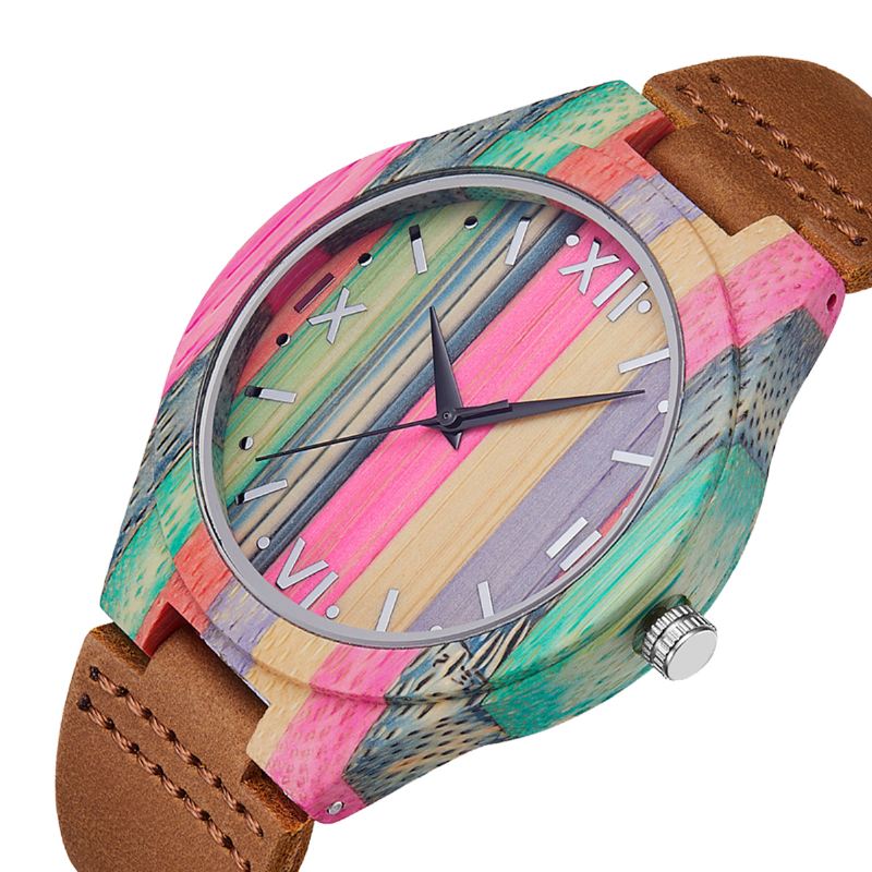 Mode Farverig Urkasse Læderrem Creative Style Casual Herreur Quartz Watch