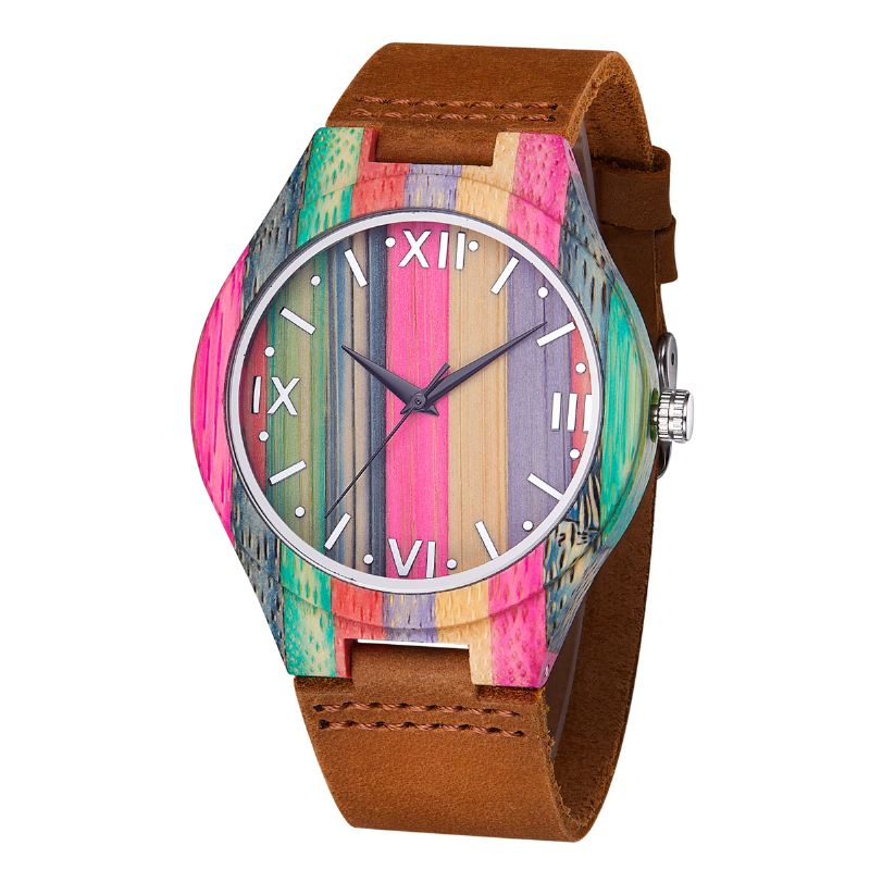 Mode Farverig Urkasse Læderrem Creative Style Casual Herreur Quartz Watch