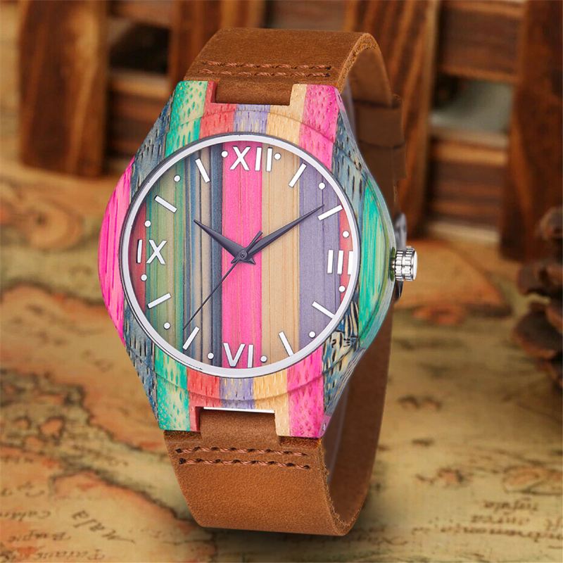 Mode Farverig Urkasse Læderrem Creative Style Casual Herreur Quartz Watch