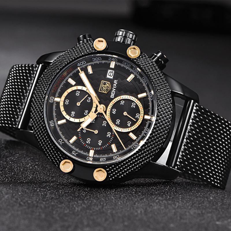 Mode Herreur Chronograph 3atm Vandtæt Rustfrit Stålrem Quartz Watch