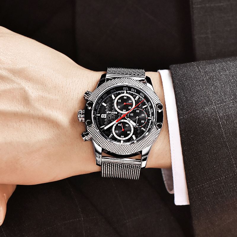 Mode Herreur Chronograph 3atm Vandtæt Rustfrit Stålrem Quartz Watch