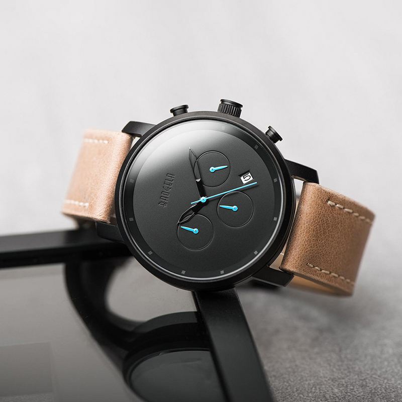 Mode Læder Rustfrit Stål Bånd Simple Dial Dato Display Mænd Quartz Watch