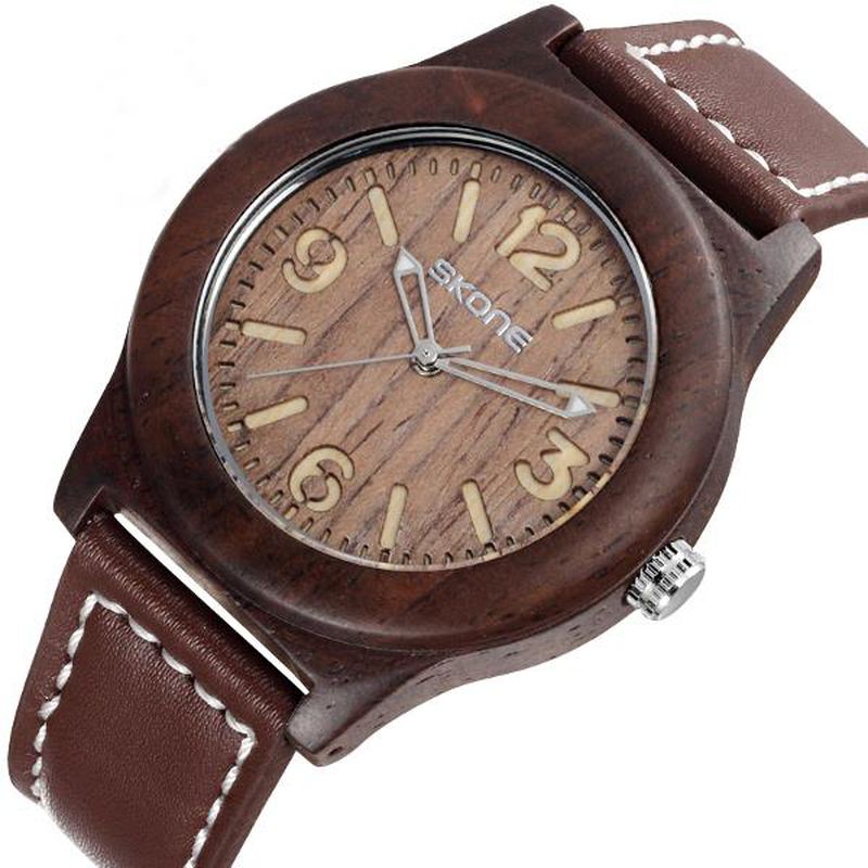 Mode Mænd Quartz Watch Casual Læderrem Træarmbåndsur