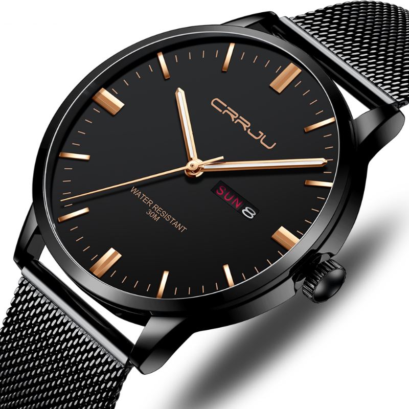 Mode Mesh Stål Dato Uge Lysende Display Casual Simple Dial Mænd Quartz Watch