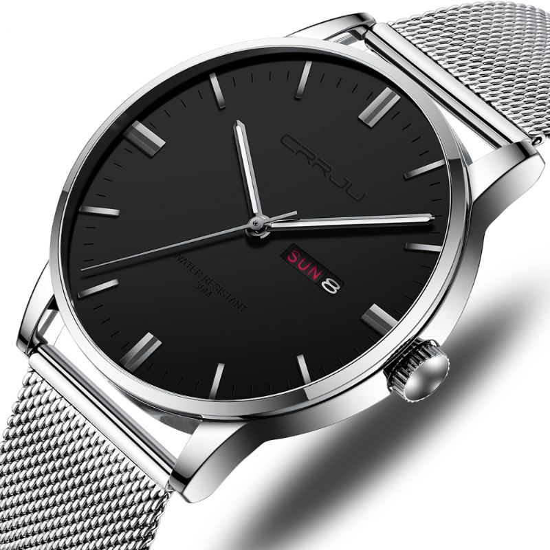 Mode Mesh Stål Dato Uge Lysende Display Casual Simple Dial Mænd Quartz Watch