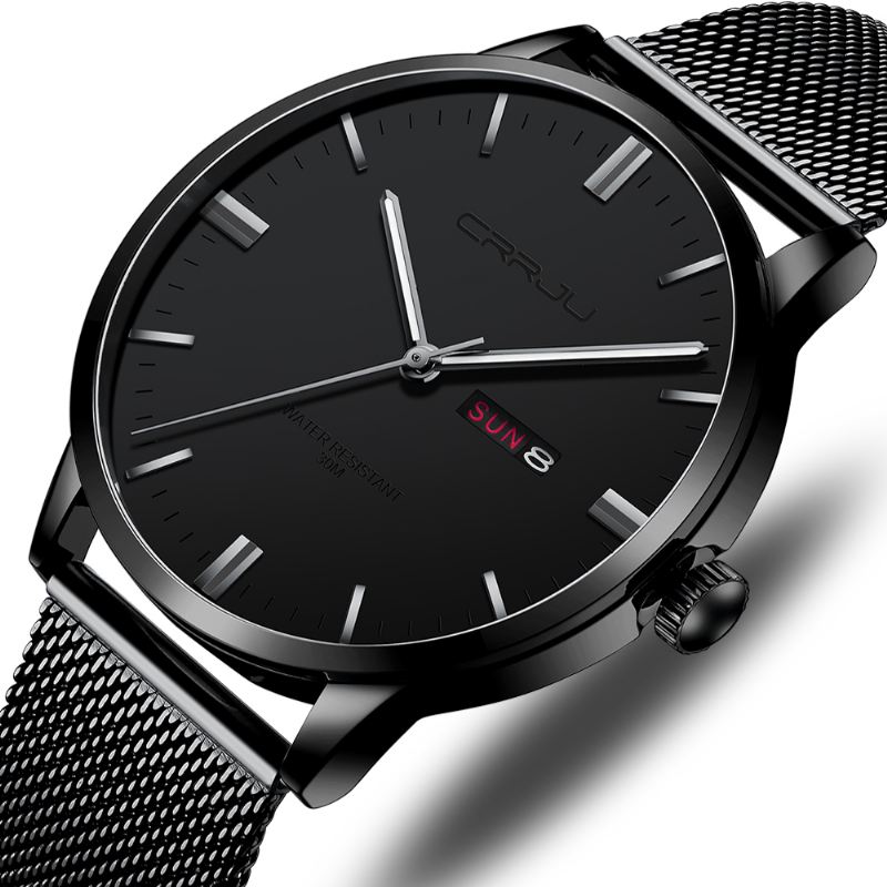 Mode Mesh Stål Dato Uge Lysende Display Casual Simple Dial Mænd Quartz Watch