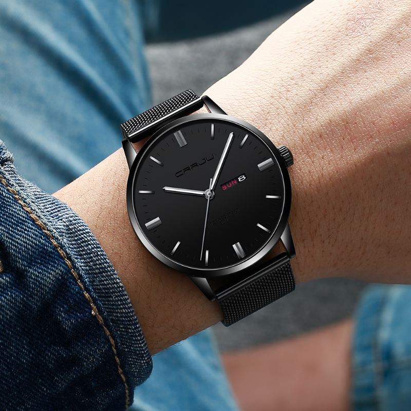 Mode Mesh Stål Dato Uge Lysende Display Casual Simple Dial Mænd Quartz Watch