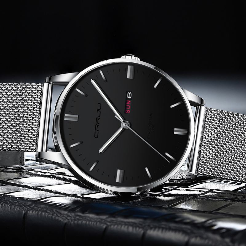 Mode Mesh Stål Dato Uge Lysende Display Casual Simple Dial Mænd Quartz Watch