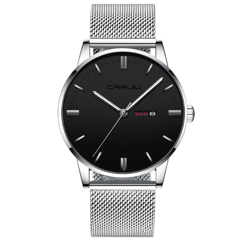 Mode Mesh Stål Dato Uge Lysende Display Casual Simple Dial Mænd Quartz Watch