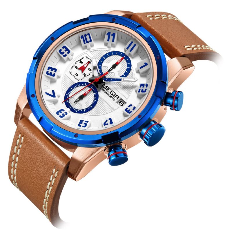 Multifunktions 3d Urskive Display Sport Herre Armbåndsur Ægte Læder Band Quartz Watch