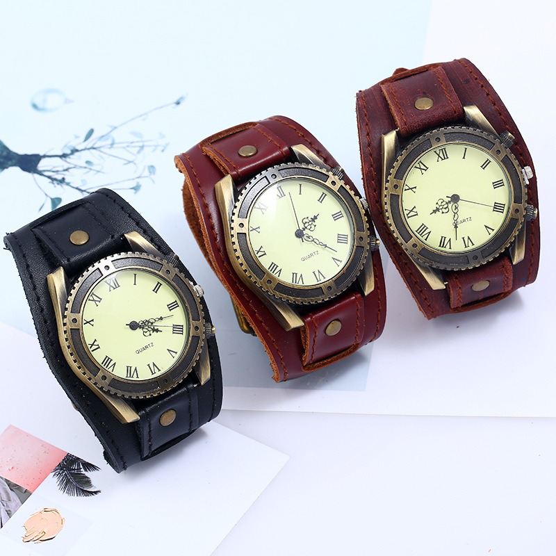 Retro Punk Style Læder Bands Mænd Mode Pointer Quartz Watch