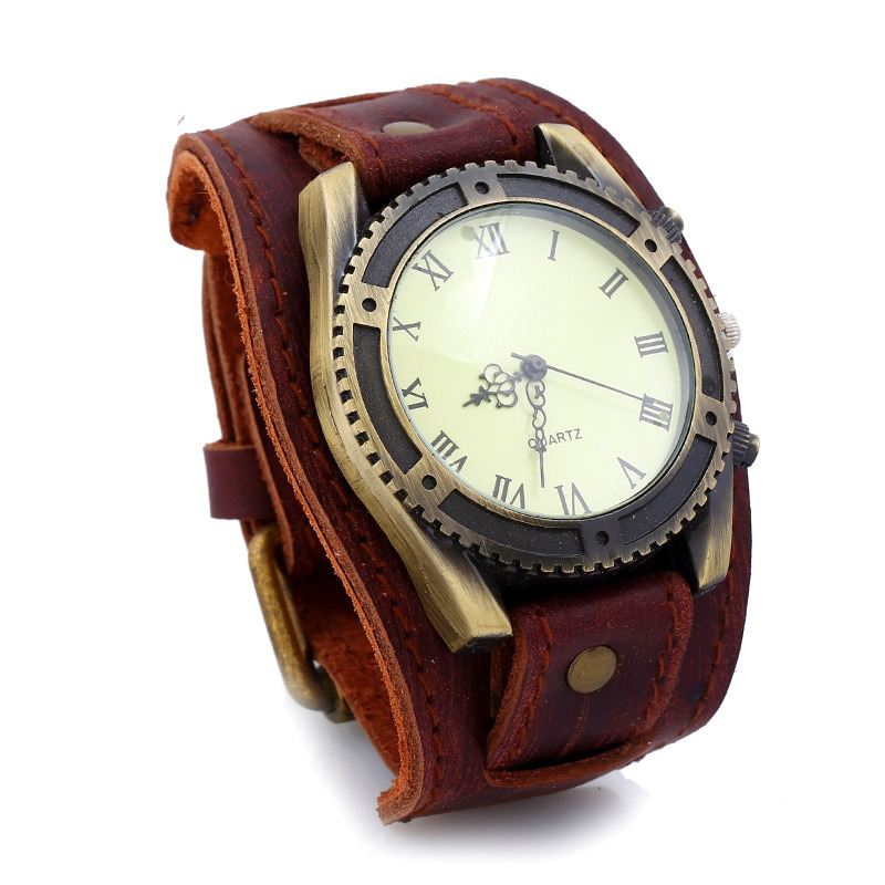 Retro Punk Style Læder Bands Mænd Mode Pointer Quartz Watch