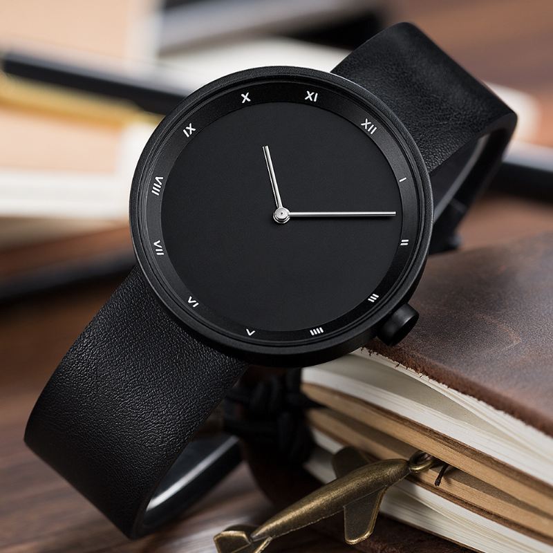 Simple Big Dial Pu Læder Band Vandtæt Herre Quartz Watch