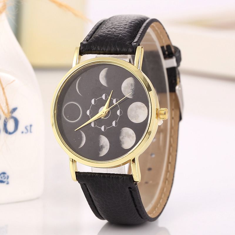 Solar Moon Phase Lunar Eclipse Unisex Watch Læderrem Quartz Watch Til Kvinder Mænd