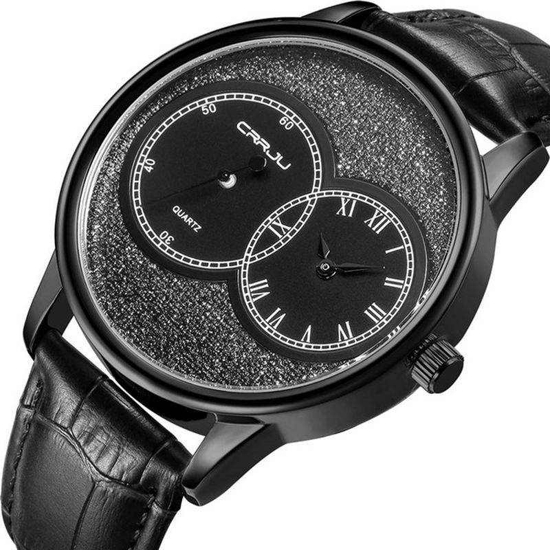 To Dial Display Mænd Armbåndsur Casual Style Læderrem Quartz Watch