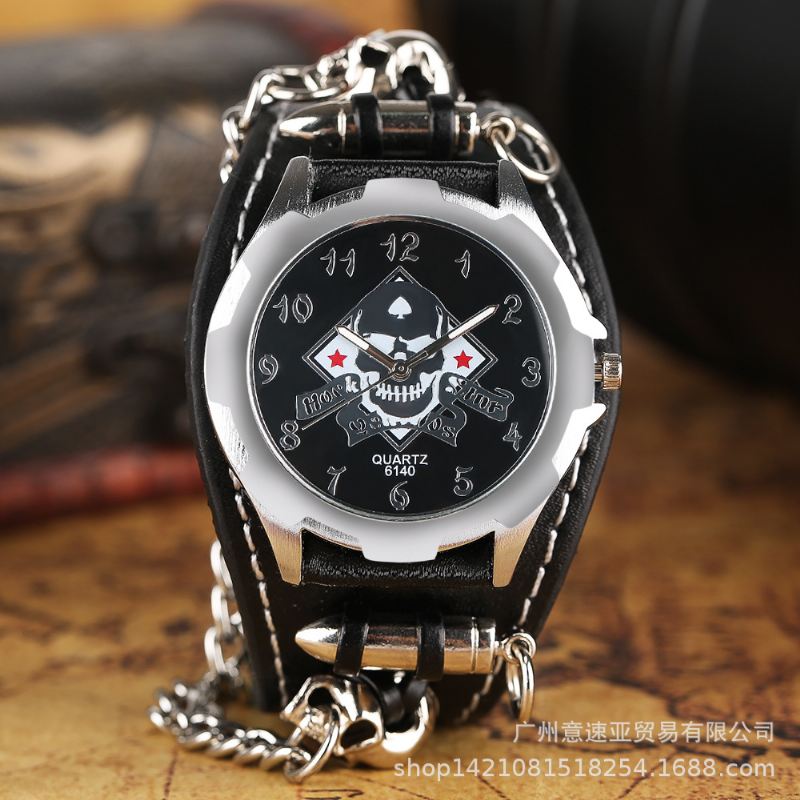 Vintage Firkantet Urskive Herreur Hollow Skull Læder Quartz Watch