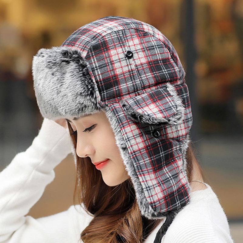 Herre Dame Plaid Plus Fløjl Øreklokker Ushanka Trapper Hat