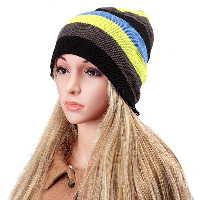 Kvinder Beanies Stribede Regnbuefarver Hue Bomuld Strikkede Huer Blød Beanie Gorro Cap