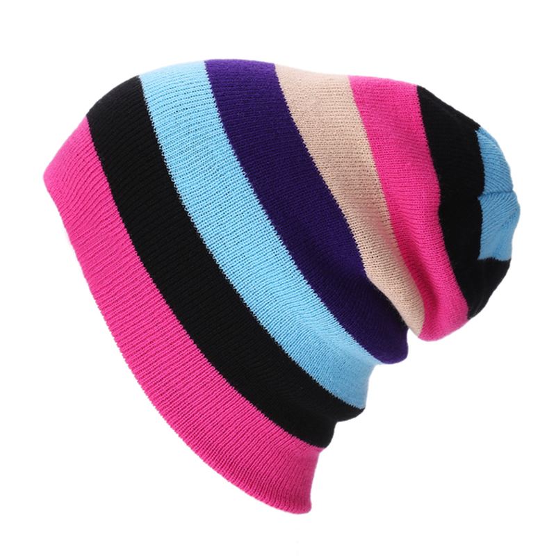 Kvinder Beanies Stribede Regnbuefarver Hue Bomuld Strikkede Huer Blød Beanie Gorro Cap