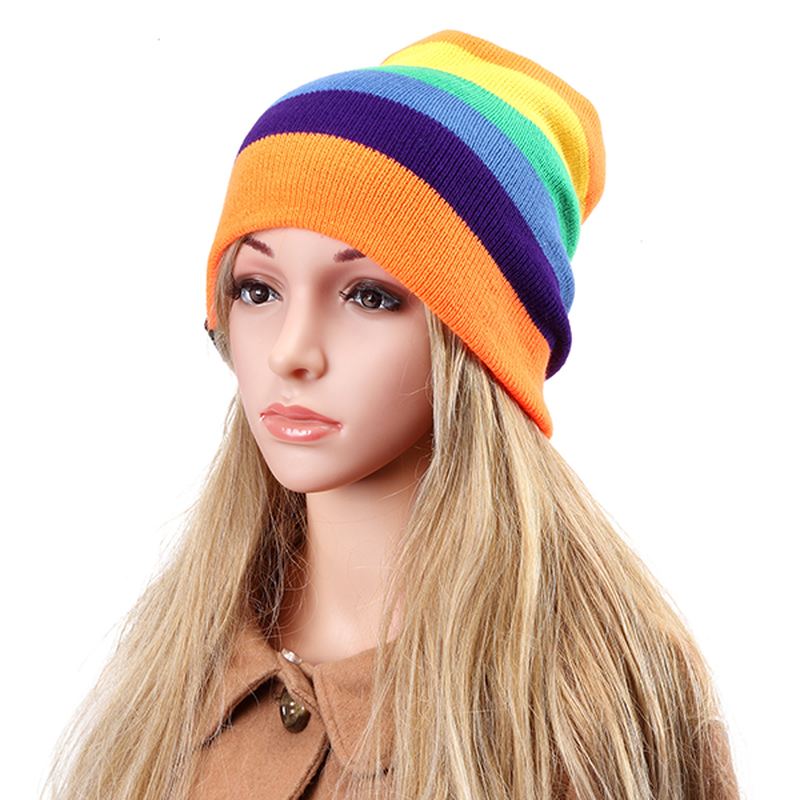 Kvinder Beanies Stribede Regnbuefarver Hue Bomuld Strikkede Huer Blød Beanie Gorro Cap