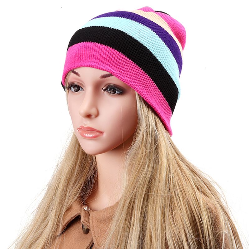 Kvinder Beanies Stribede Regnbuefarver Hue Bomuld Strikkede Huer Blød Beanie Gorro Cap