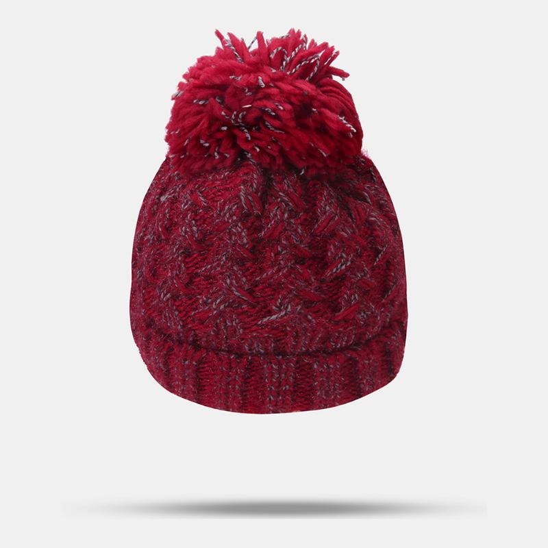 Kvinder Blandet Farve Strikket Plus Velvet Thicken Fluffy Ball Varme Ørebeskyttelse Beanie Hat