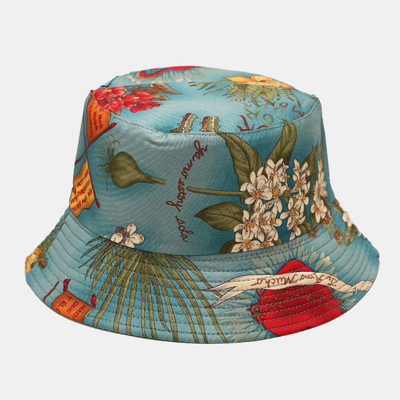 Kvinder Dobbeltsidet Sommer Uv-beskyttelse Marine Plantemønster Casual Simple Sun Hat Bucket Hat