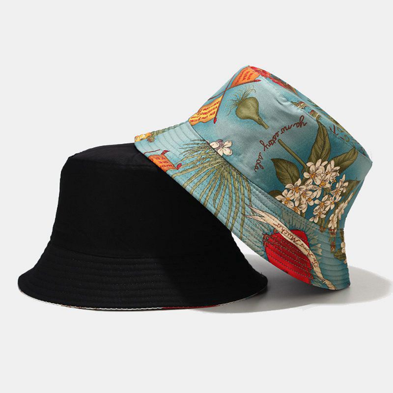 Kvinder Dobbeltsidet Sommer Uv-beskyttelse Marine Plantemønster Casual Simple Sun Hat Bucket Hat