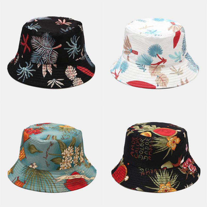 Kvinder Dobbeltsidet Sommer Uv-beskyttelse Marine Plantemønster Casual Simple Sun Hat Bucket Hat