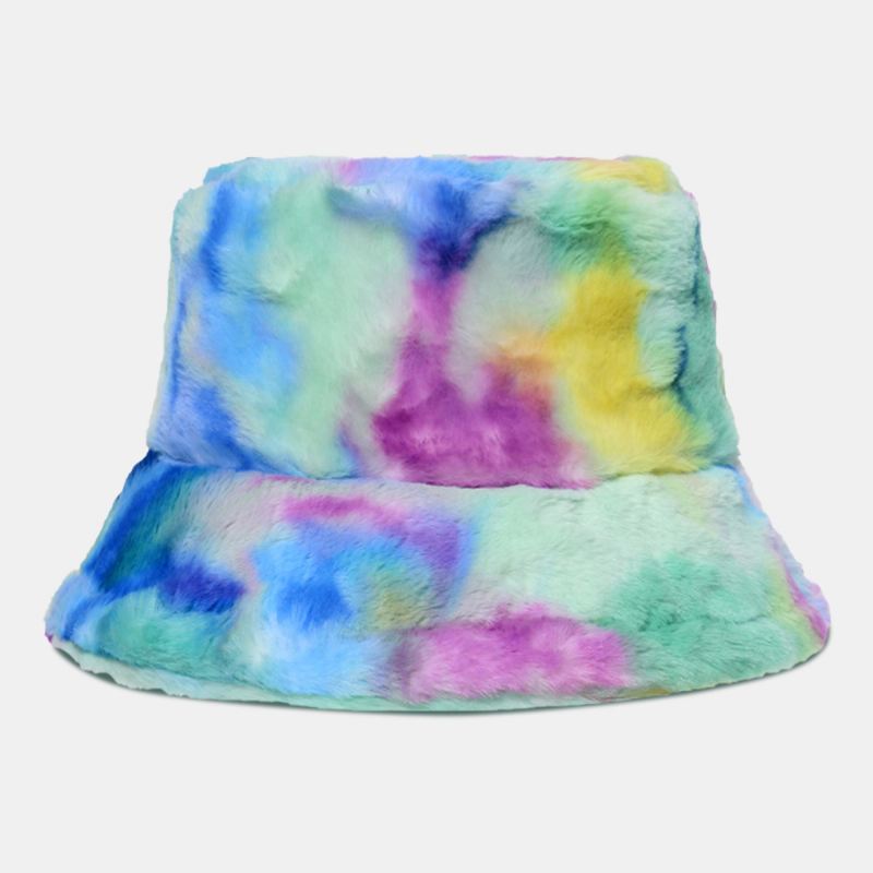 Kvinder Farvet Tie-dye Fluffy Thicken Vinter Varm Bucket Hat Faux Kaninpels Udendørs Casual Vindtæt Cool-protection Hat