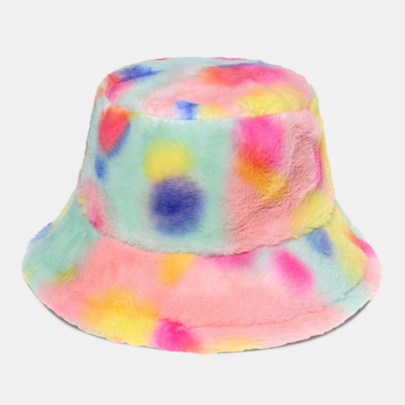 Kvinder Farvet Tie-dye Fluffy Thicken Vinter Varm Bucket Hat Faux Kaninpels Udendørs Casual Vindtæt Cool-protection Hat