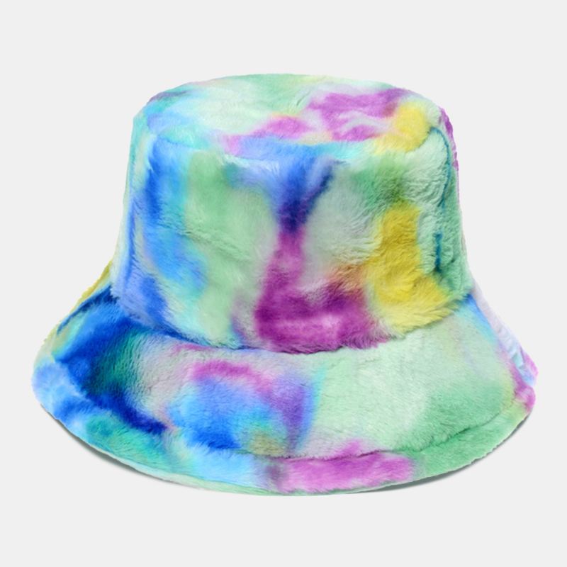 Kvinder Farvet Tie-dye Fluffy Thicken Vinter Varm Bucket Hat Faux Kaninpels Udendørs Casual Vindtæt Cool-protection Hat