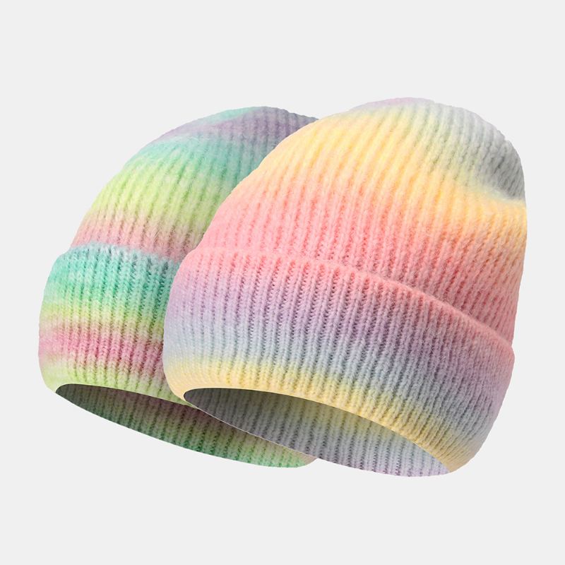 Kvinder Gradient Efterår Vinter Varm Strikket Hat Personlighed Vild Flanging Ørebeskyttelse Beanie Hat