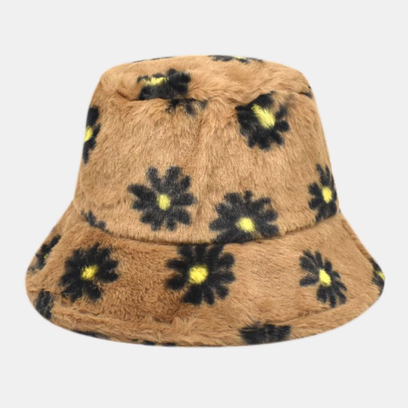 Kvinder Lammehår Blødt Varmt Plus Tykker Afslappet All-match Sødt Blomstermønster Bucket Hat