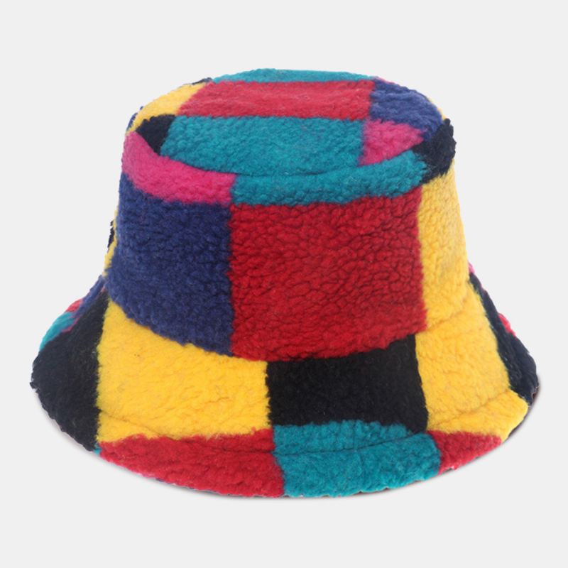 Kvinder Lammepels Farve Syning Gitter Spand Hat Vinter Tykke Varm Vindtæt Fluffy Fisherman Caps