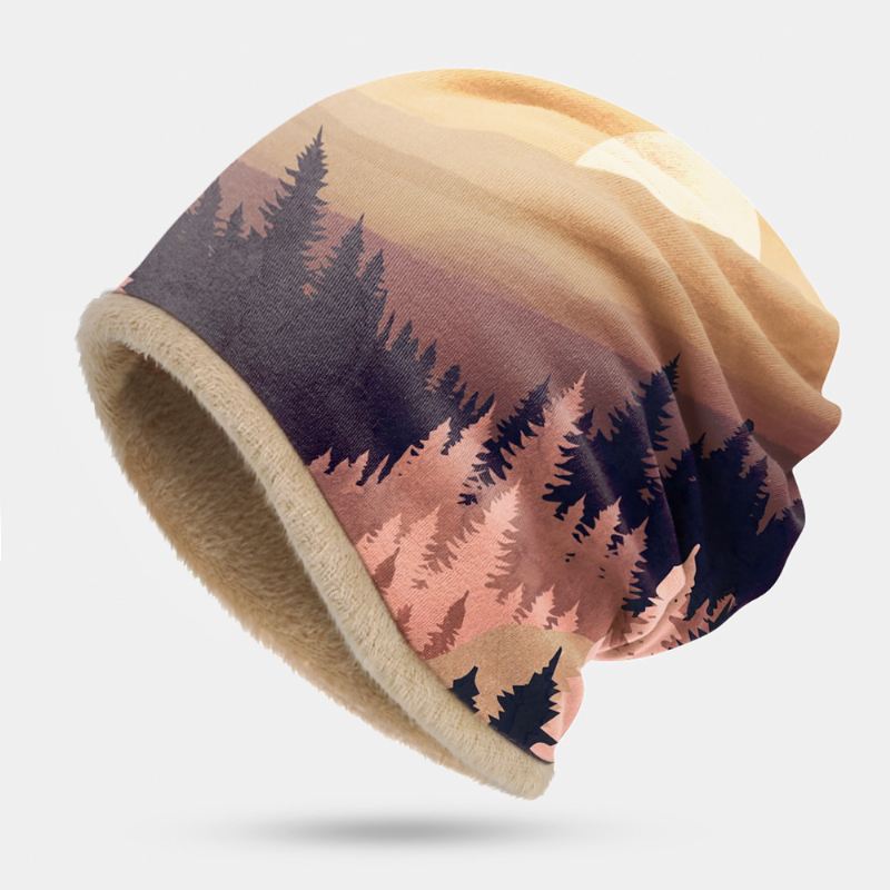 Kvinder Plus Velvet Mountain Treetop Med Tryk Mønster Blød Personlighed Åndbar Turban Cap Beanie