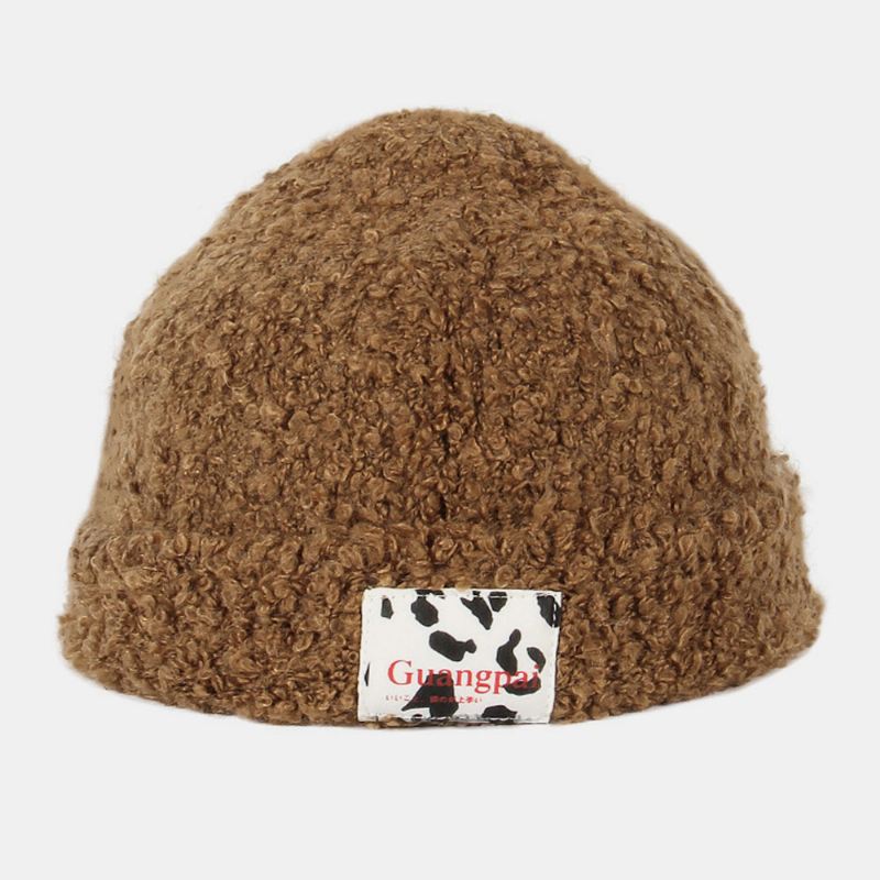 Kvinder Teddy Velvet Ensfarvet Ko Mønster Brev Klud Etiket Varme Beanie Hat