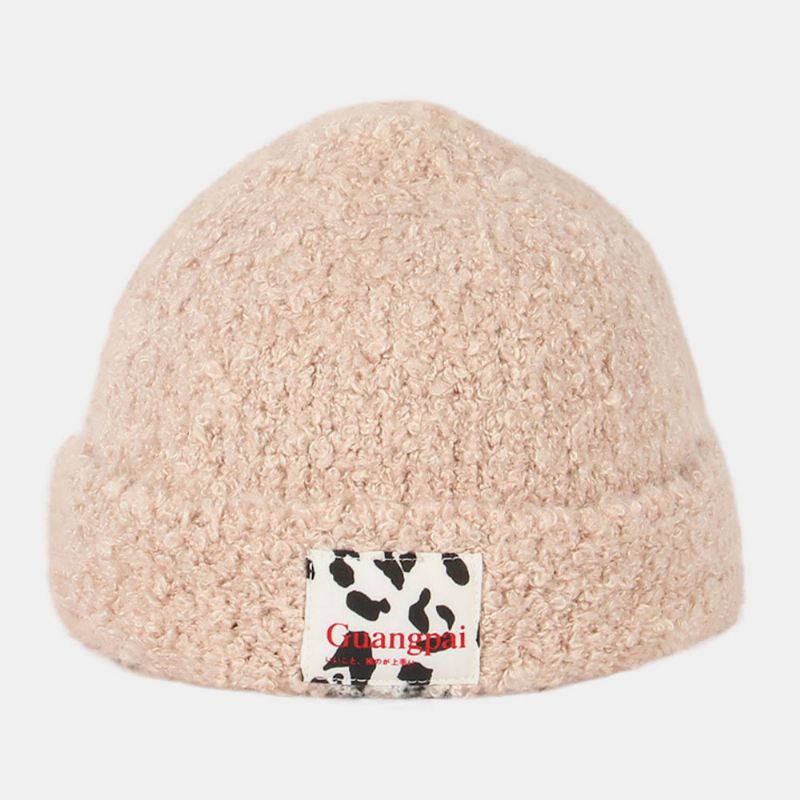 Kvinder Teddy Velvet Ensfarvet Ko Mønster Brev Klud Etiket Varme Beanie Hat