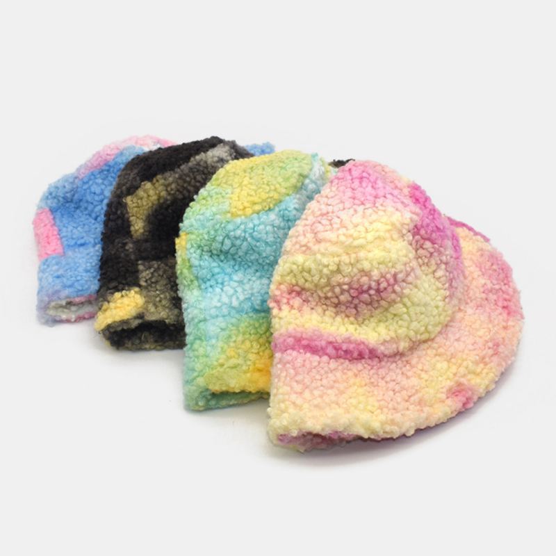 Kvinder Tie-dye Mix Farve Lammehår Varm Casual Sød Bucket Hat