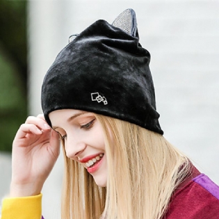 Kvinder Velour Rhinestone Deco Kat Ear Vindtæt Beanie Cap