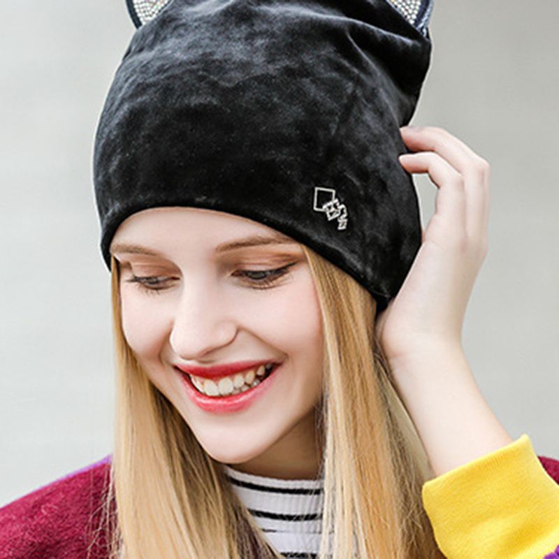 Kvinder Velour Rhinestone Deco Kat Ear Vindtæt Beanie Cap