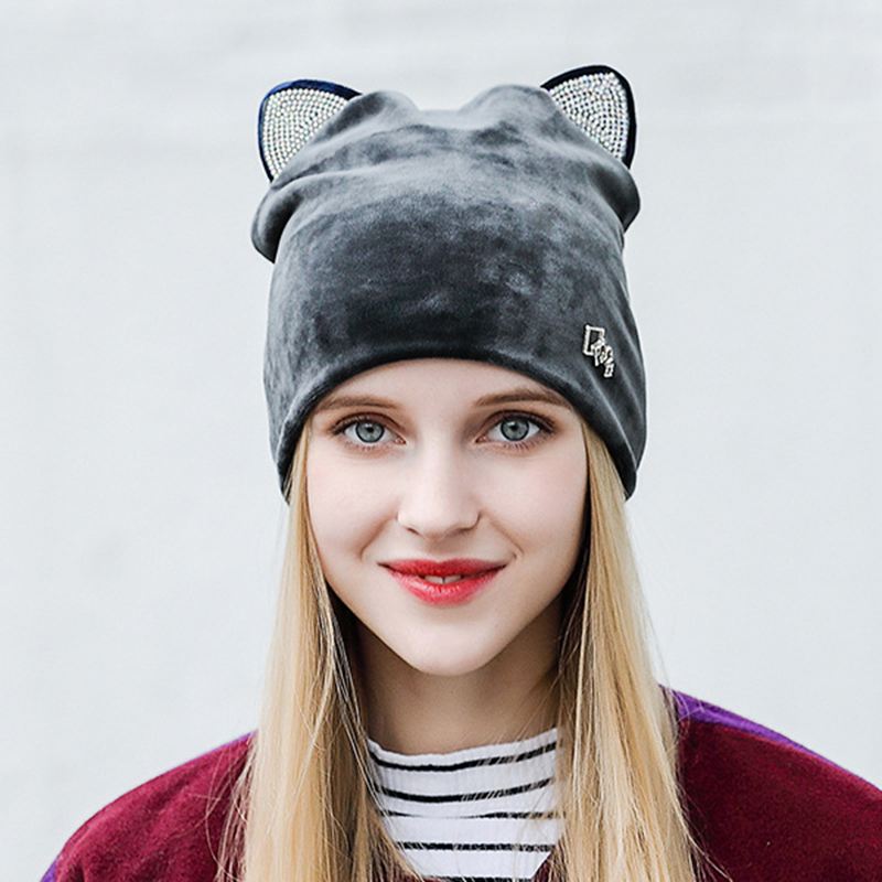 Kvinder Velour Rhinestone Deco Kat Ear Vindtæt Beanie Cap