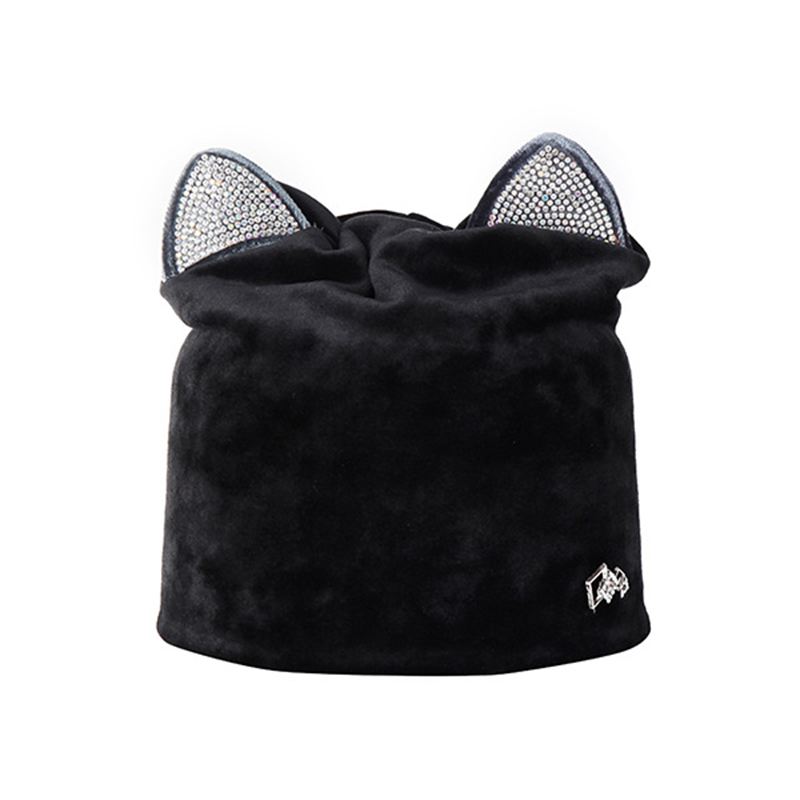 Kvinder Velour Rhinestone Deco Kat Ear Vindtæt Beanie Cap